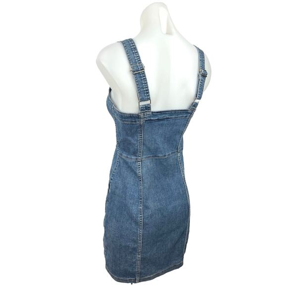 H&M Blue Denim Square Neck Sleeveless Button Mini Overalls Jumper Jean Dress 4 - Picture 2 of 5